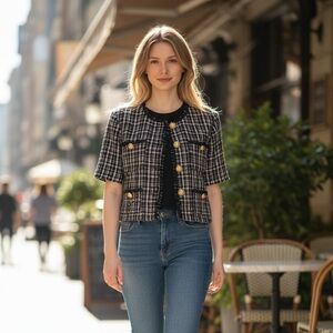 Plaid Short Sleeve Jacket with Gold Buttons